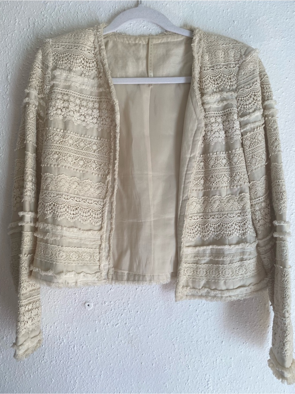 Truth and Pride Crochet-Trim Open Front Sweater Jacket in Cream